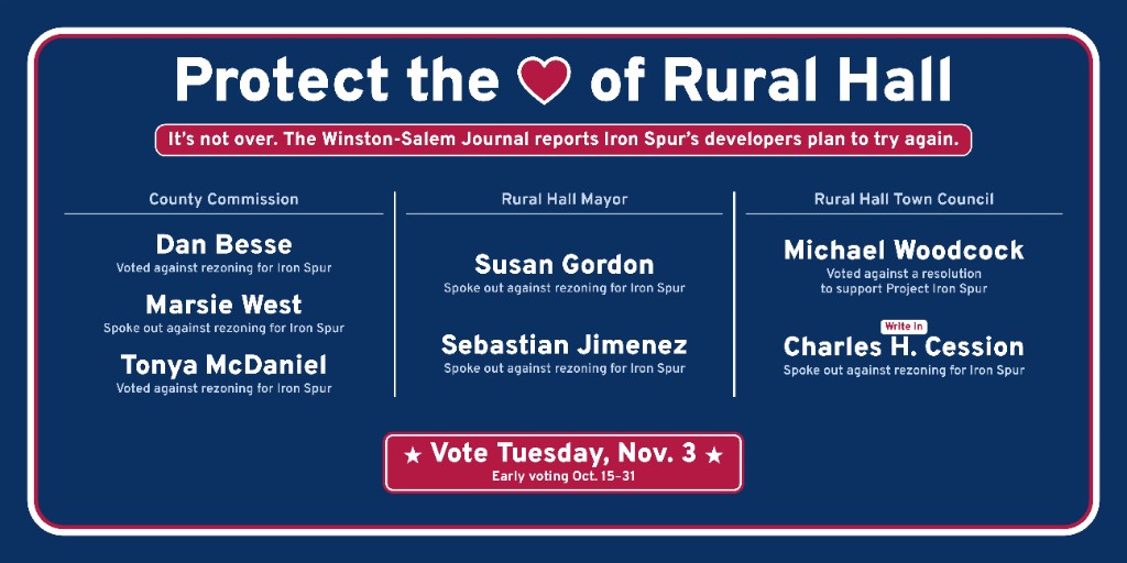 Protect the heart of Rural Hall. It&rsquo;s not over&mdash;Iron Spur&rsquo;s developers plan to try again. Lists County Commission, Rural Hall Mayor, and Town Council candidates who opposed Iron Spur rezoning. Vote Tuesday, Nov. 3. Early voting Oct. 15&ndash;31.
