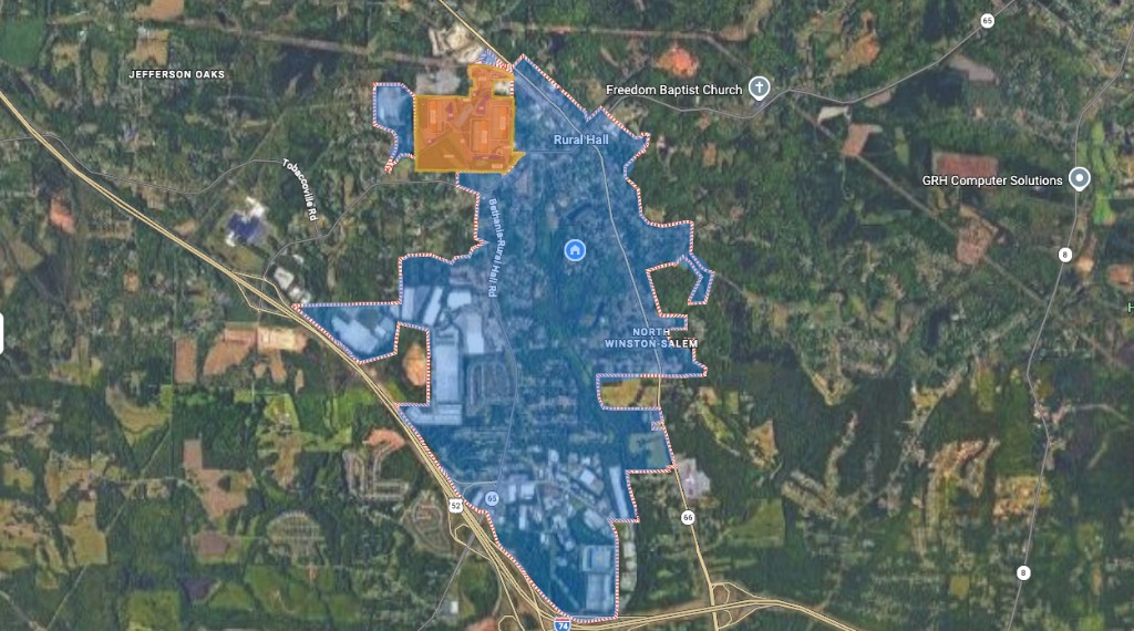 Satellite map showing the Project Iron Spur site in orange and the town of Rural Hall in blue