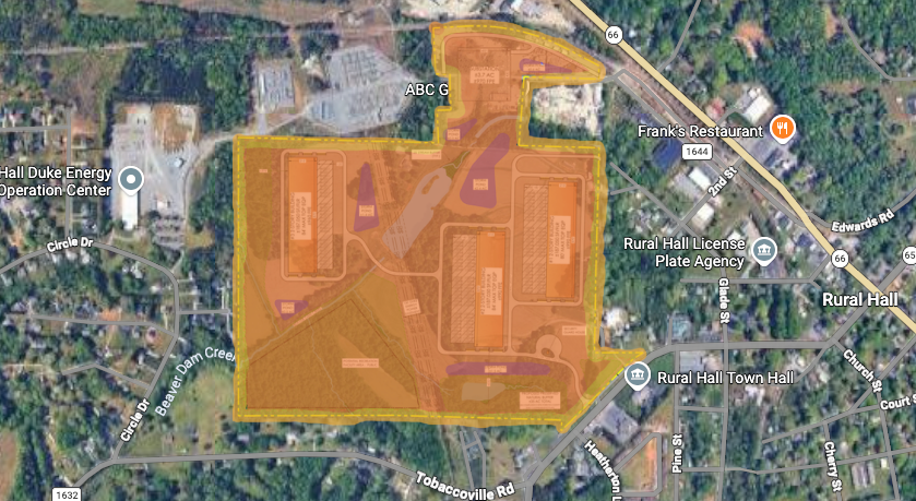 Satellite view of Rural Hall with the proposed three-building project site highlighted in orange near Town Hall, Frank's Restaurant, and Tobaccoville Road, May 15, 2026 revision.