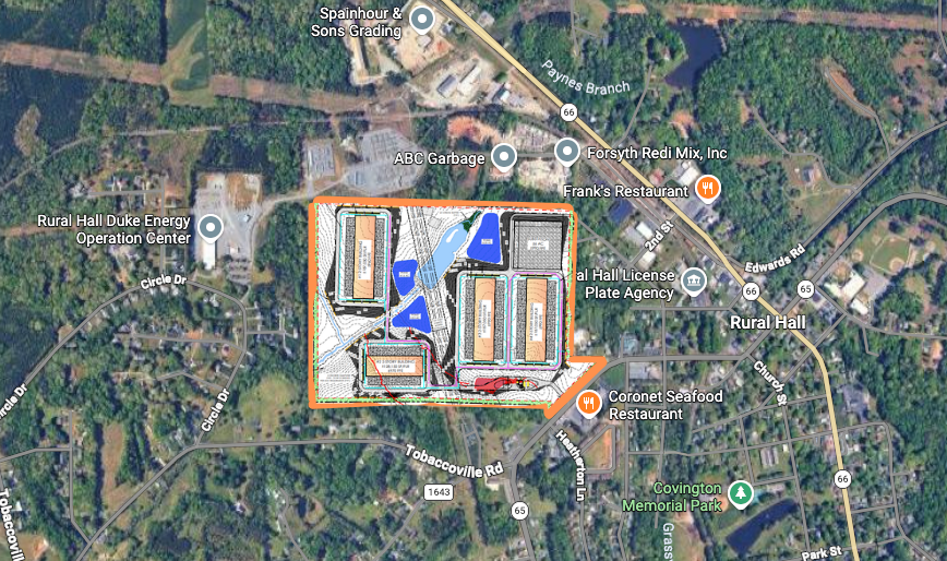 Satellite view of Rural Hall with the proposed site plan overlaid: buildings, ponds, and internal roads within the outlined property.