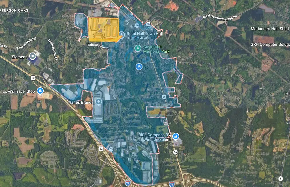 Area map: Rural Hall town shown in blue and the proposed project site in orange.
