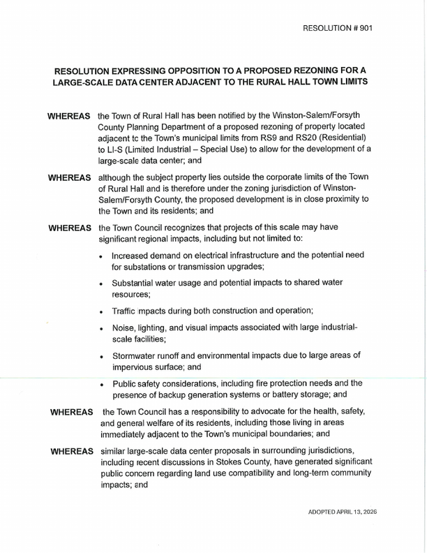 Rural Hall Town Council resolution, page 1 preview