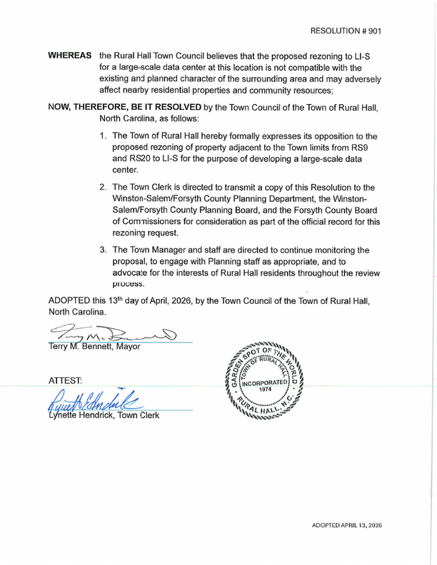 Rural Hall Town Council resolution, page 2 preview