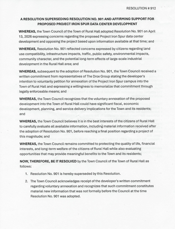 Rural Hall Town Council Resolution 912, page 1 preview